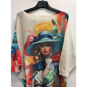 L40 Loowie Woman Blue Hat Round Neck Printed Knit Sweater One Size
